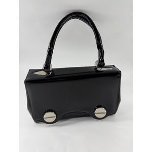 Crown Lewis Black Patent Leather Top Handle Bag Silver Hardware Dark Academia